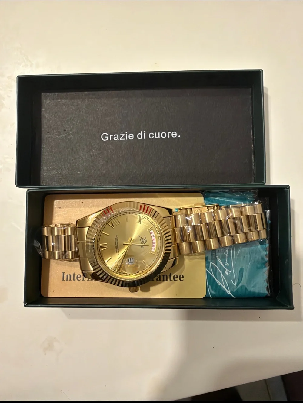 Gold-tone Pelvini day-date watch with box, excellent condition